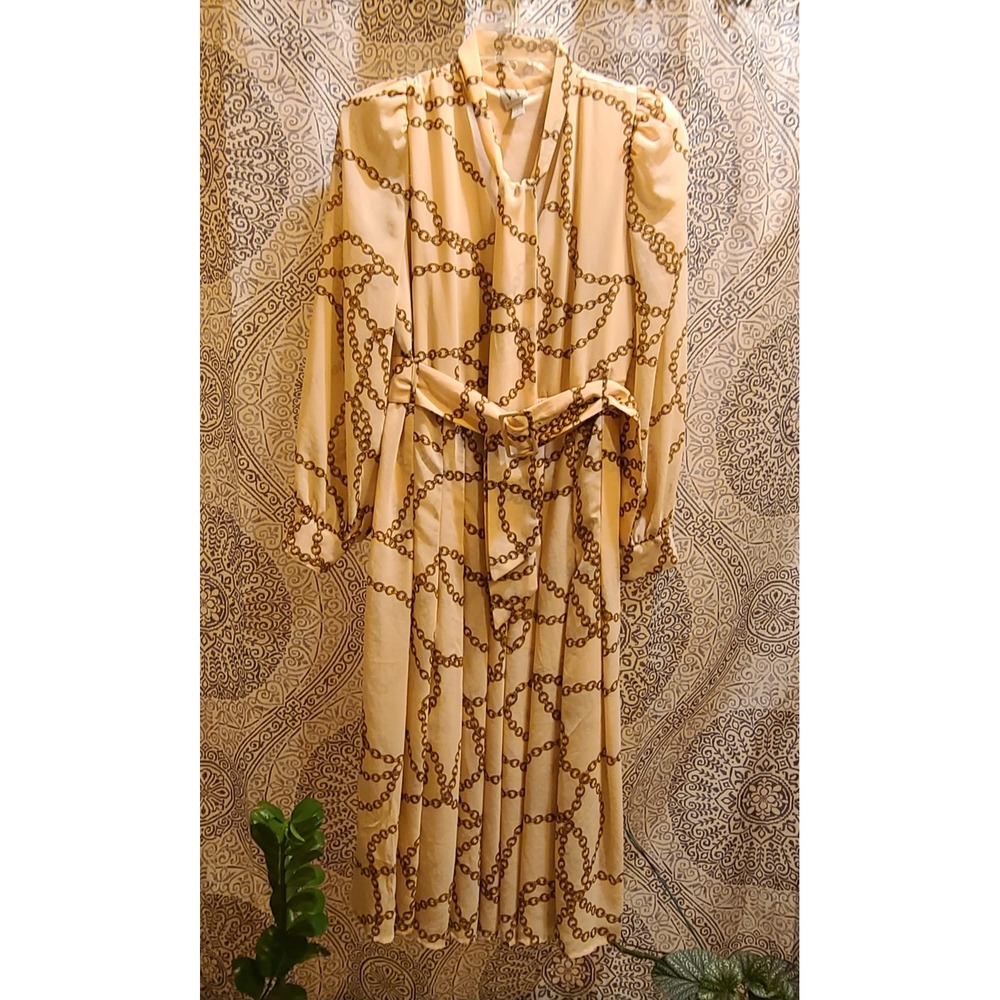Worthington Chain Print Dress Womens Size S Pink Gold Excellent Tie Neck Belted